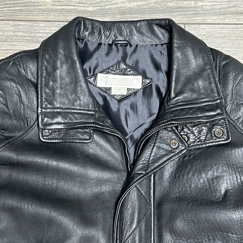 VTG John Ashford Leather Bomber Jacket Large Black Genuine New Zealand Lambskin - Picture 5 of 16